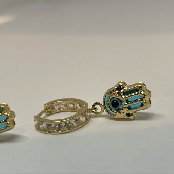 14k Yellow Gold Hamsa Dangle Huggie Earrings, - Picture 5 of 7